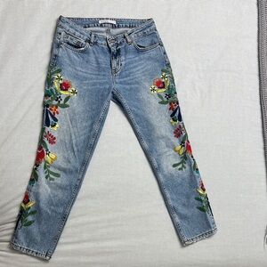 Zara Light Blue Straight Leg Jeans with Floral Embroidery